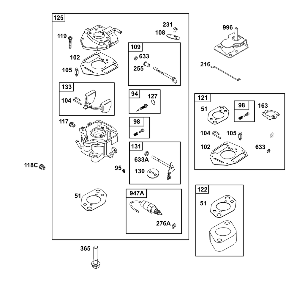 Carburetor Group Diagram and Parts List for 356447-0712-G1 200000 - 399999 Briggs and Stratton Engine